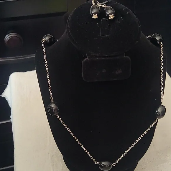 Necklace and earrings set, onyx and 925,17 inches - Picture 4 of 9